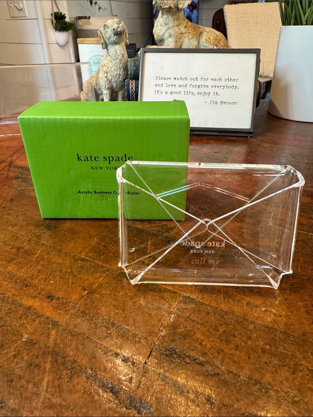 kate spade Clear Acrylic Envelope Card Holder with Green Box